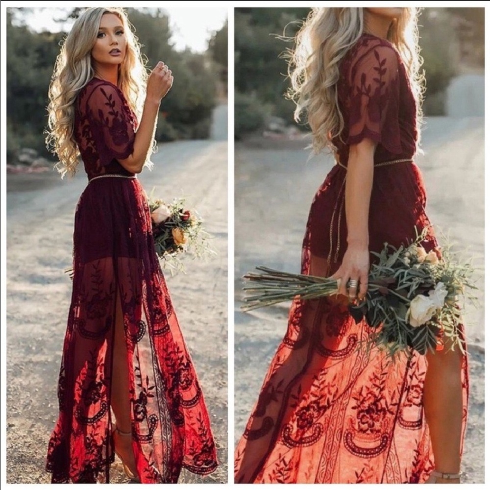 Red Wine Floral Lace Sheer Maxi Romper Dress